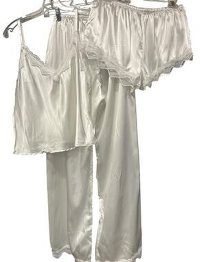 White Satin Bridal Chic Pajama Set 3 Pc Lace Trim Cami Shorts Pants Women's SZ L